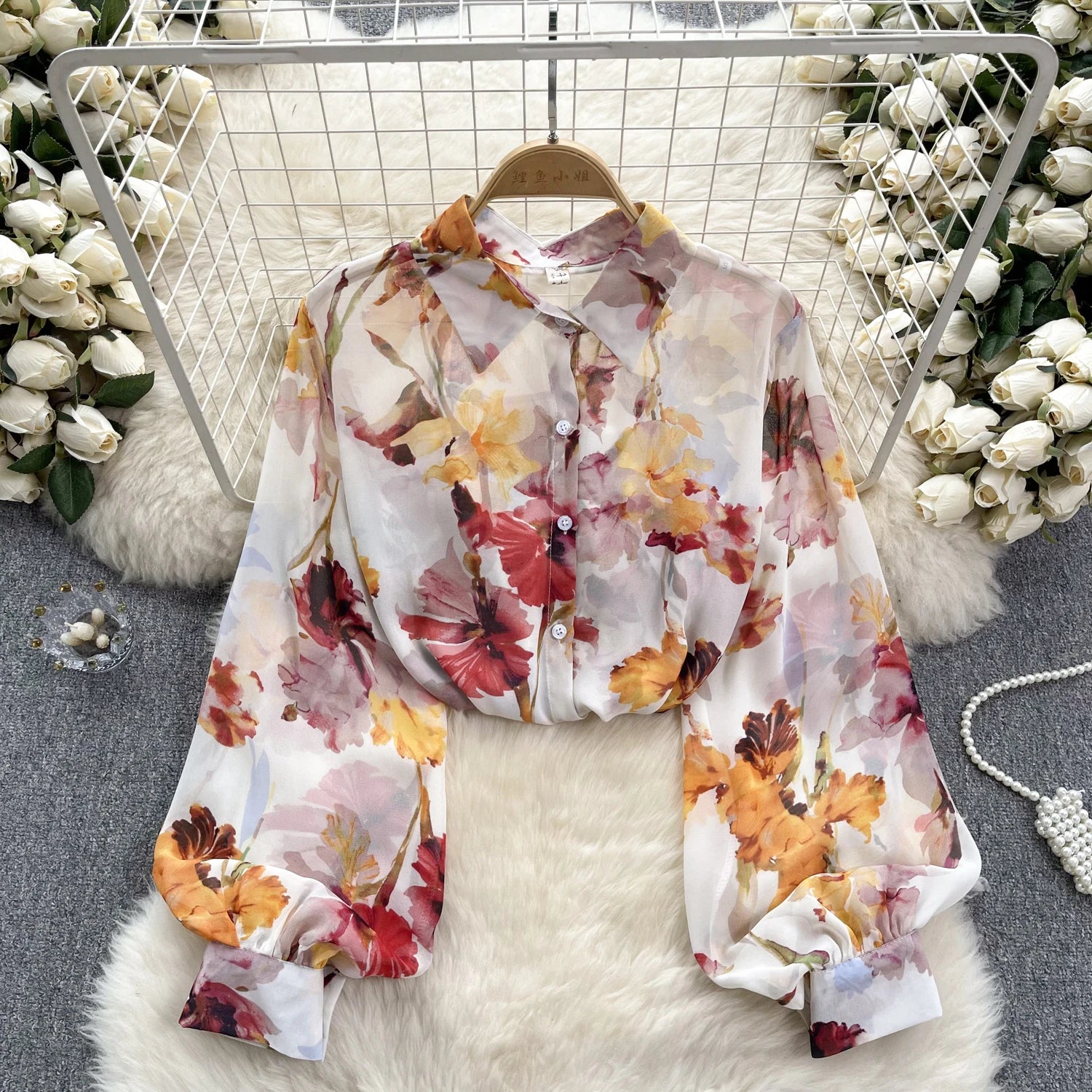 Women's Chiffon Blouse with Lantern Sleeve and Turn-down Collar - Image 9