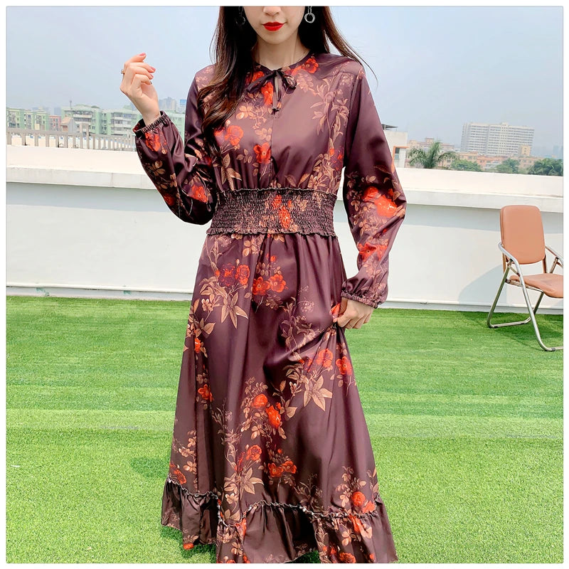 Women's A-line Floral-print Long Sleeve Dress with Elastic Waist - Image 3