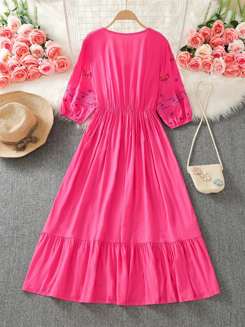 V Neck Embroidered Seaside Print Vacation Dress Slimming Chic - Image 7
