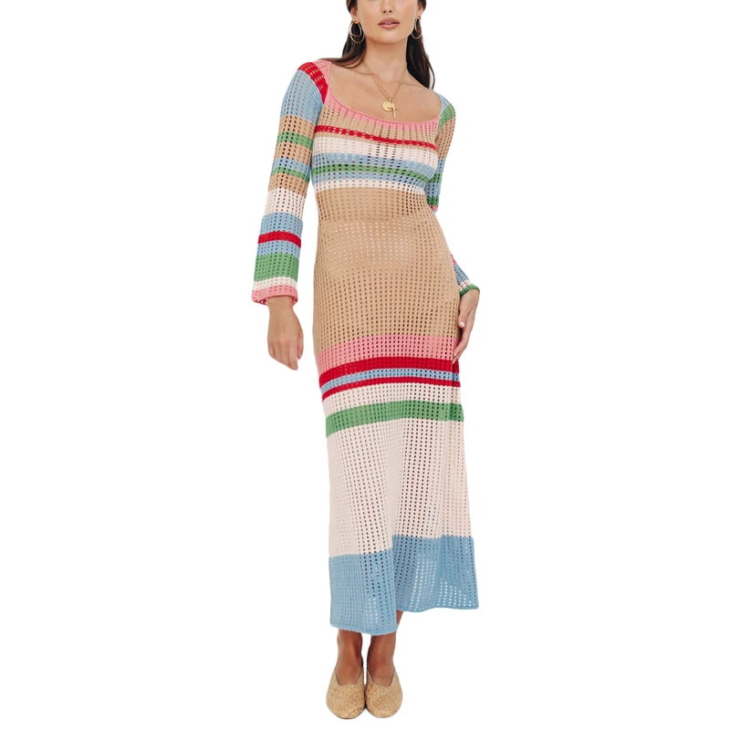 Women's Long Sleeve See-Through Striped Midi Dress for Club Party - Image 2