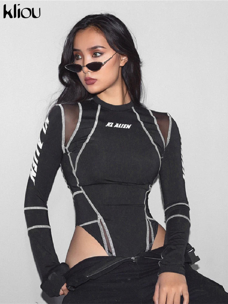 Stylish Women's Turtleneck Bodysuit with Patchwork Print and Full Sleeves - Image 6
