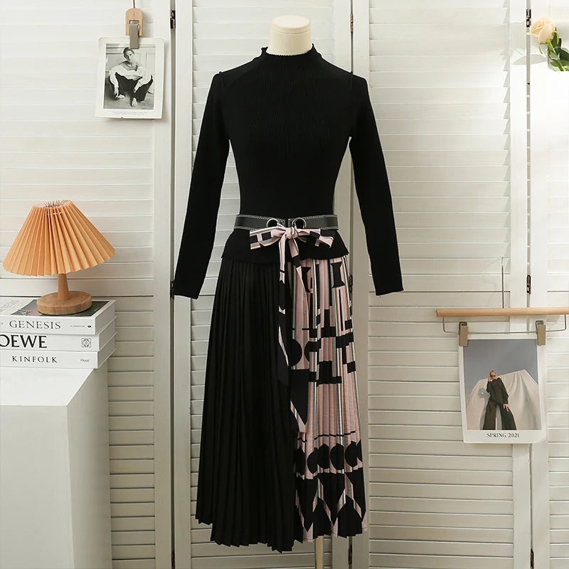 Knitted Patchwork O-neck Dress with Belt for Women - Autumn Fashion
