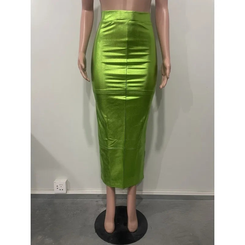 Metallic Green High Waist Maxi Skirt for Women - Image 6