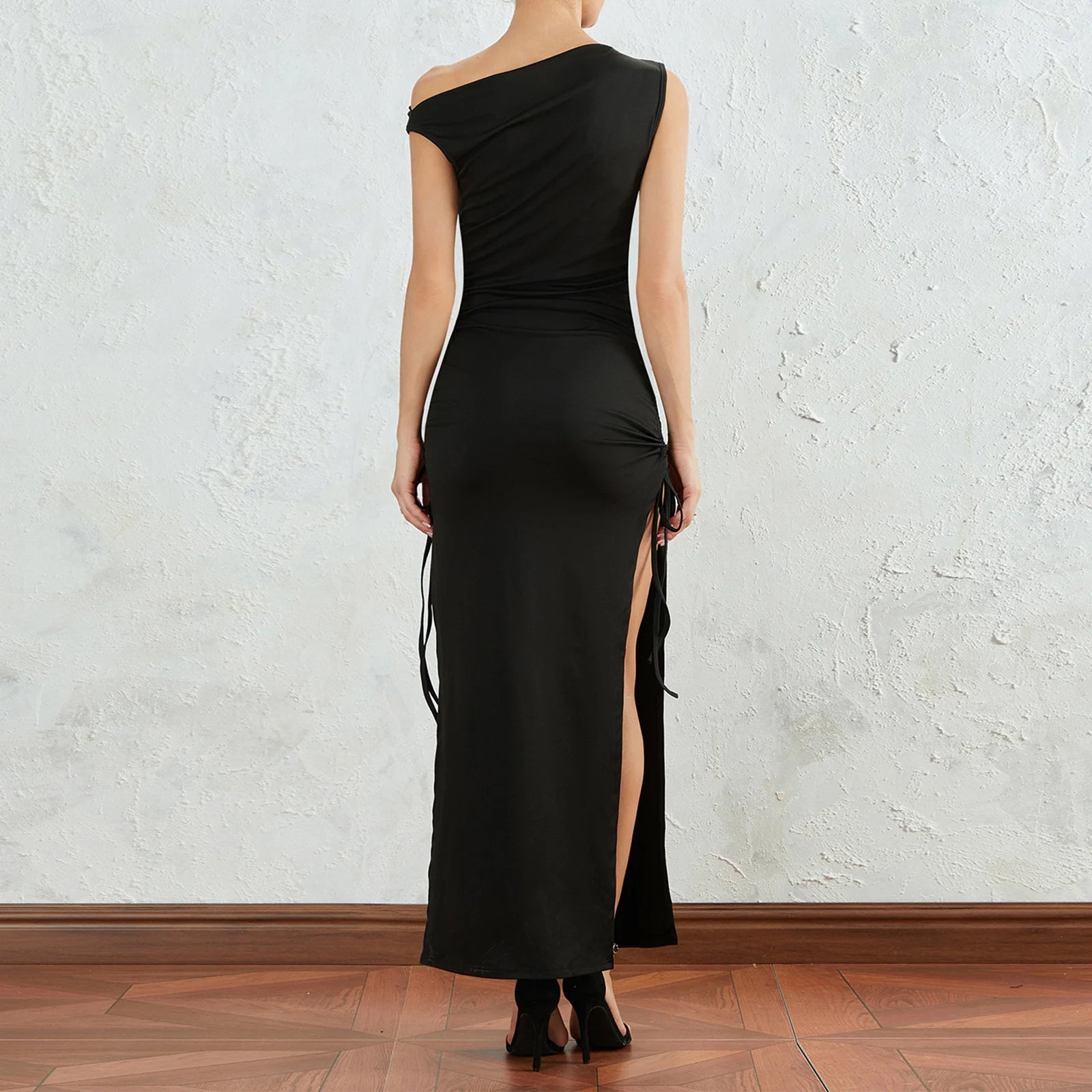Oblique Neck Tie-up Slim Fit Slit Dress for Party Club - Image 3
