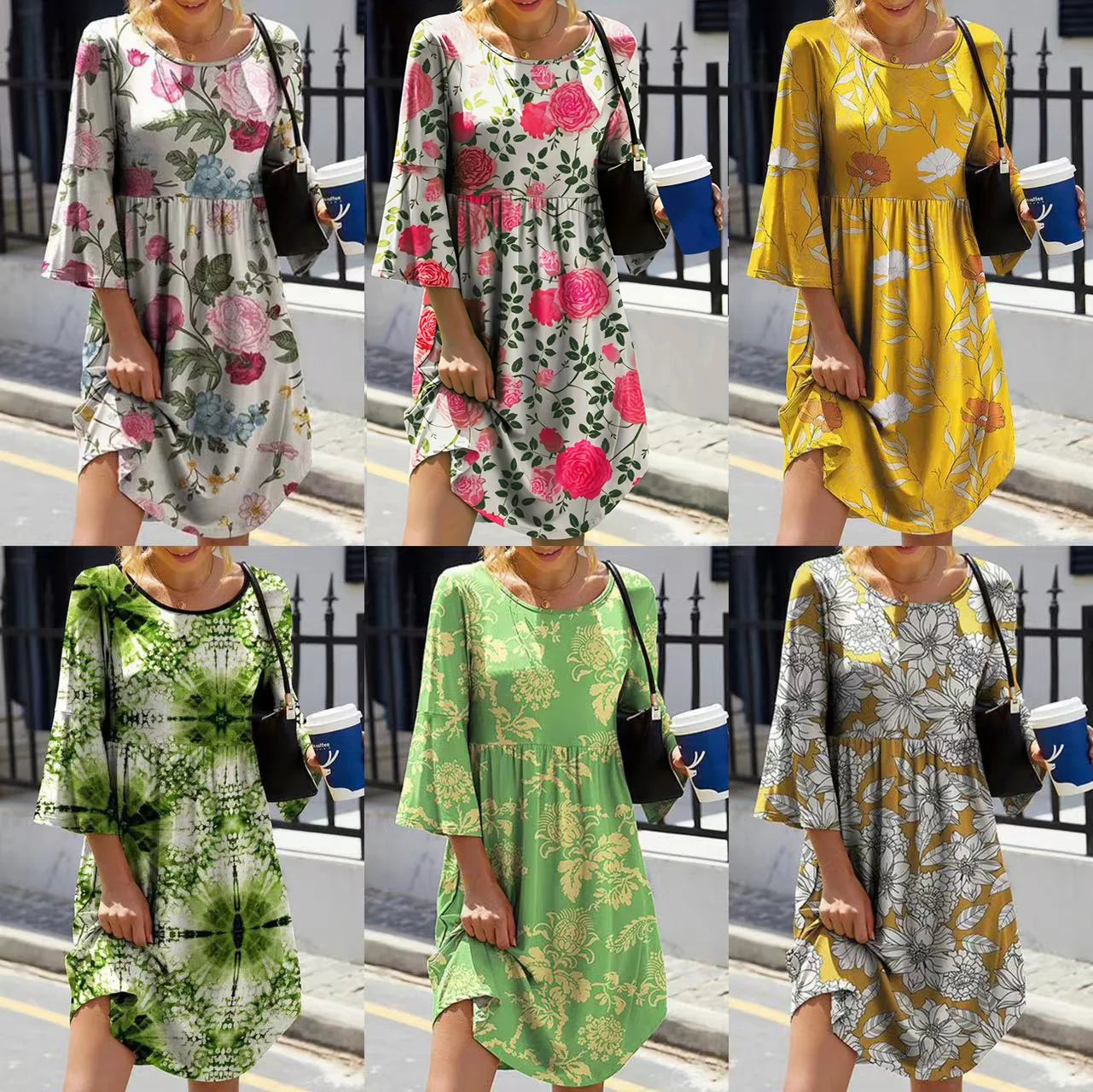 Chic Round Neck Printed Dress for Women - Europe, America