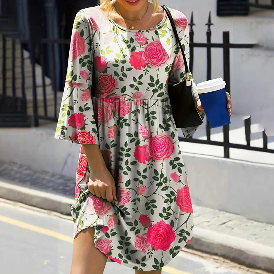 Chic Round Neck Printed Dress for Women - Europe, America - Image 3