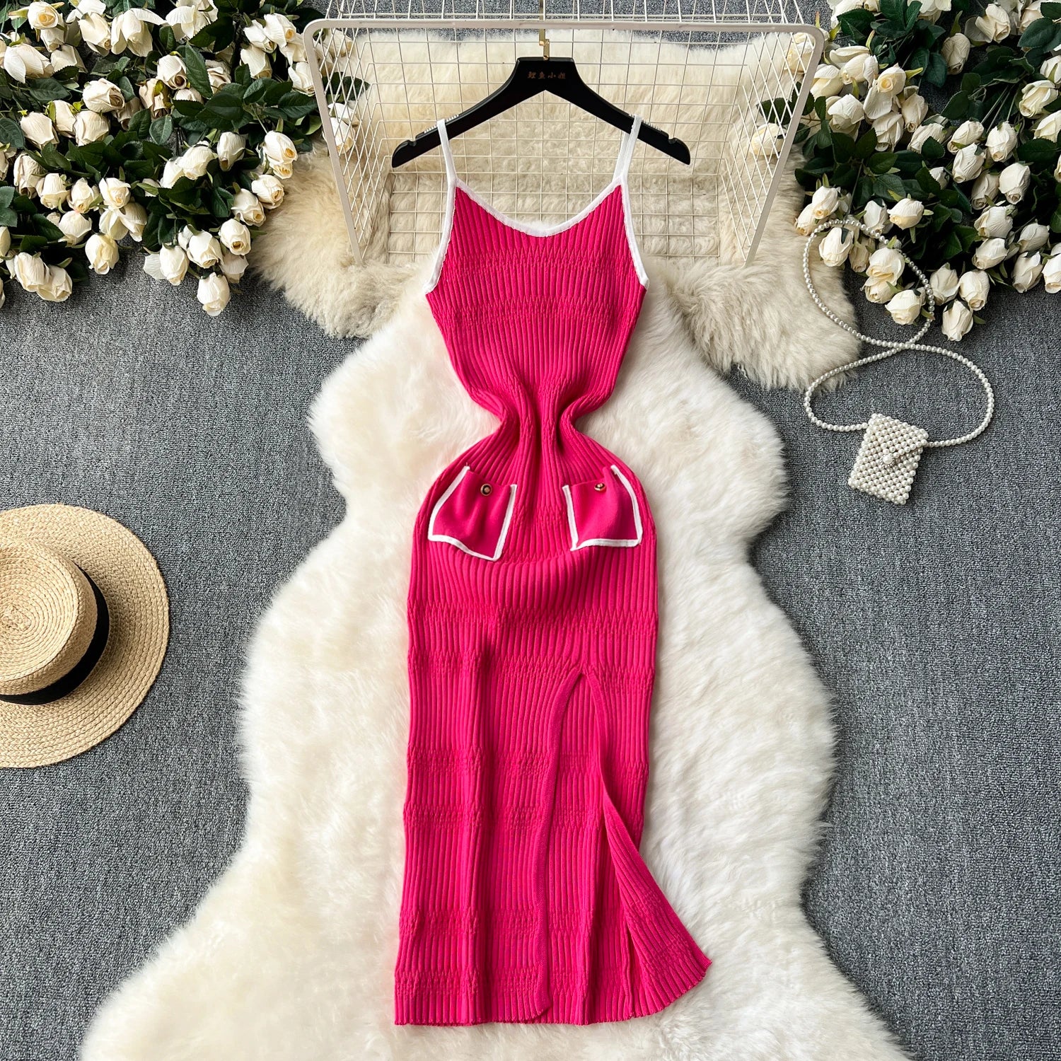 Color Block Knit Summer Dress with Side Split Pockets