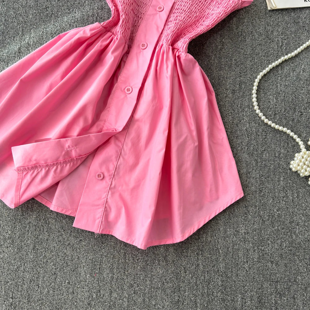 Sleeveless O Neck Button-up Summer Dress Women Patchwork Design - Image 4