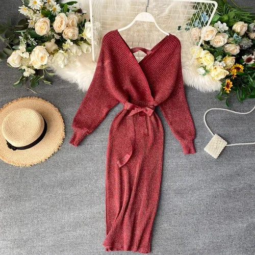 Women's V-Neck Batwing Sleeve Silk Thread Dress with Belt - Image 14