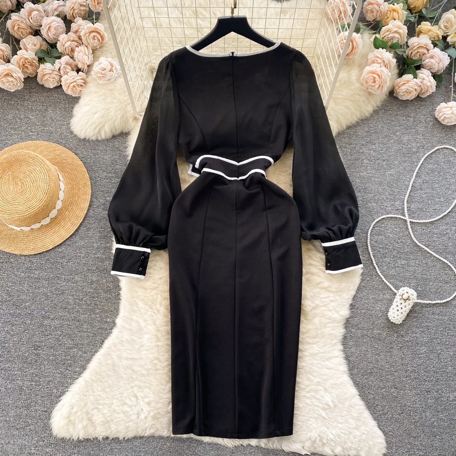 Square Collar Bow Shirt Sleeve Dress with Side Split - Image 5