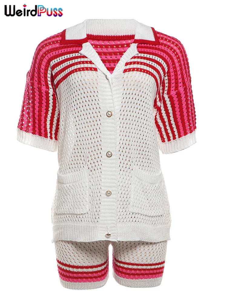 Women's Crochet 2-Piece Polo Neck Button Blouse & Bike Shorts - Image 8