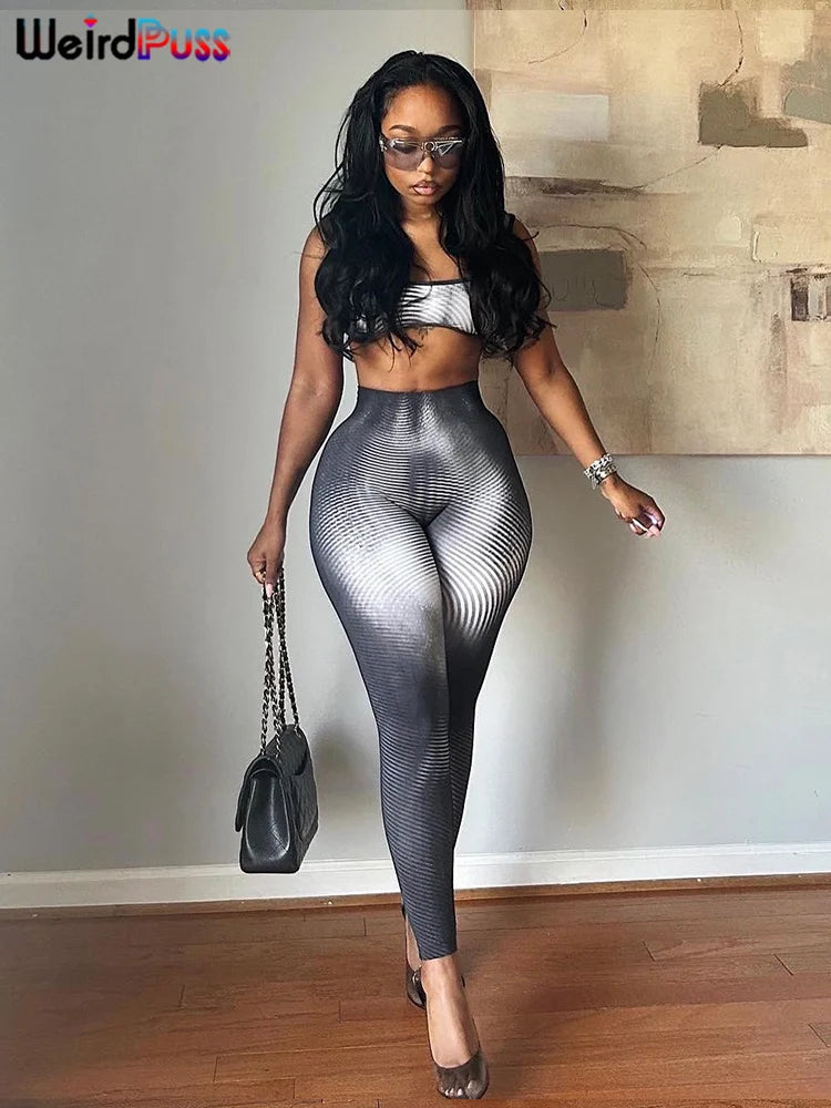 Striped Stretch Tank Tops and Leggings Matching Set
