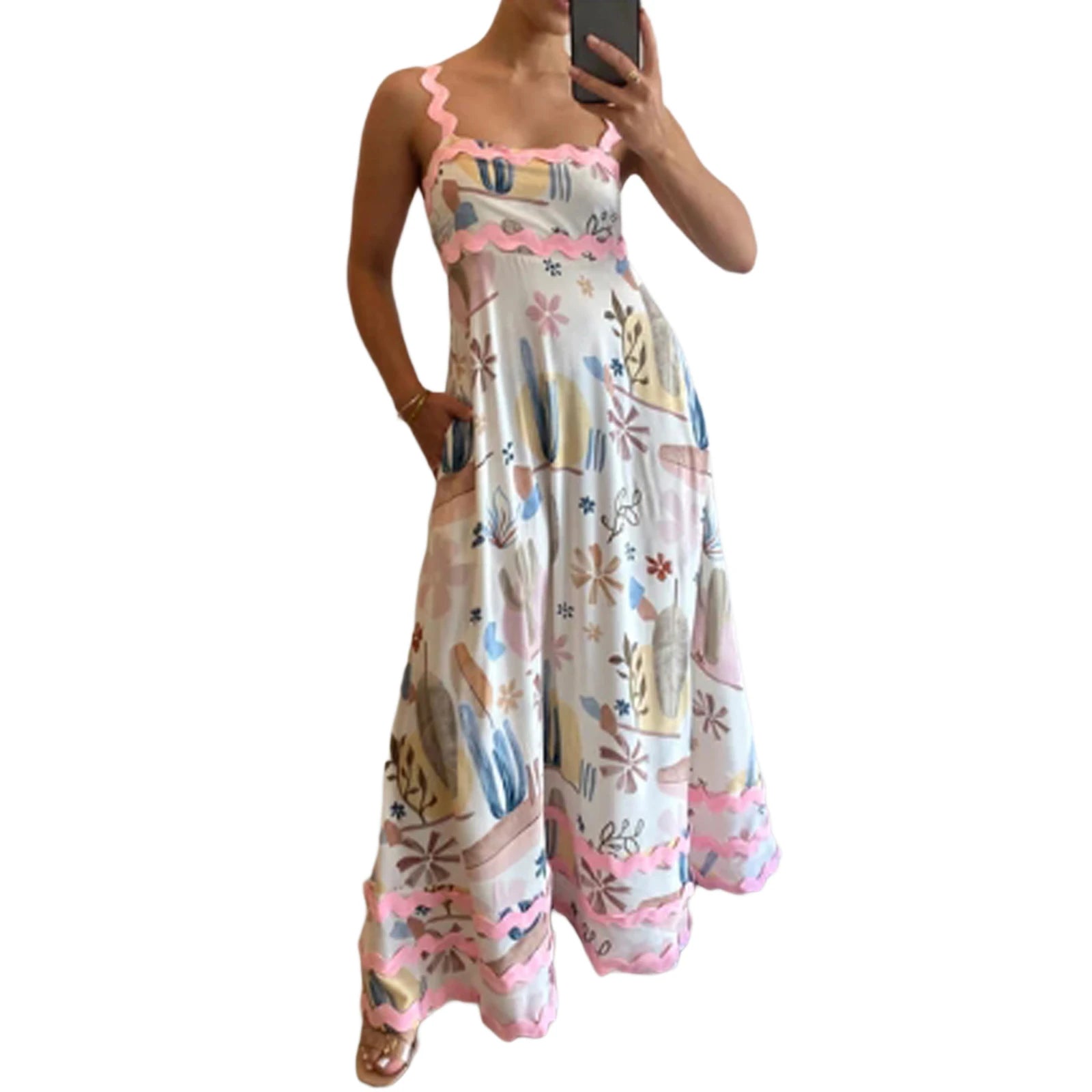 Women's Boho Spaghetti Strap Backless Summer Midi Sundress - Image 8