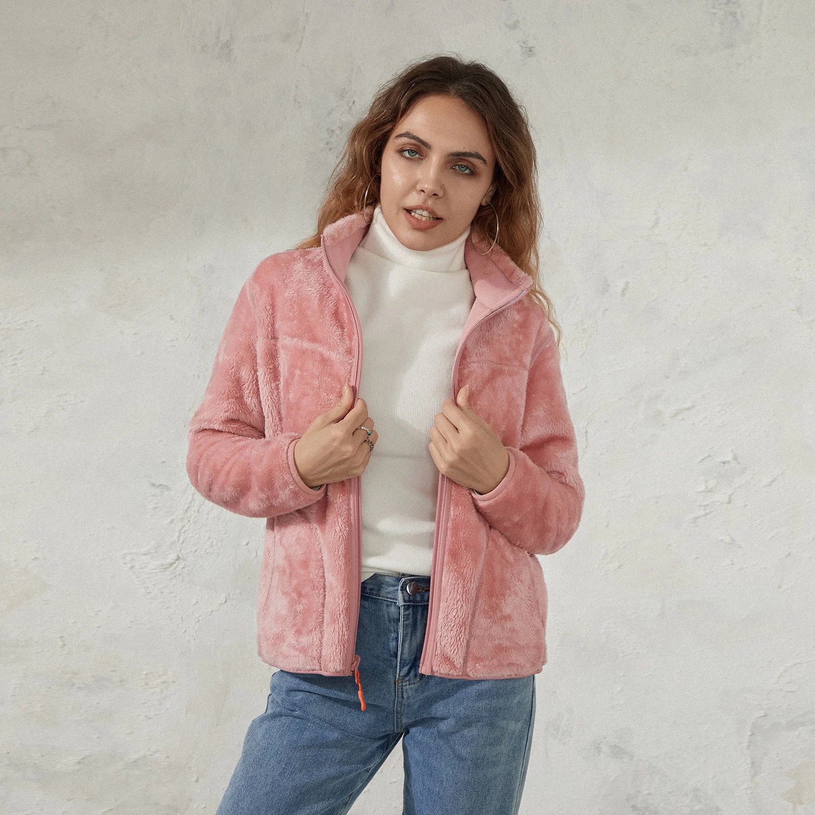 Women's Solid Color Full Zip Fleece Jacket with Sherpa Coat
