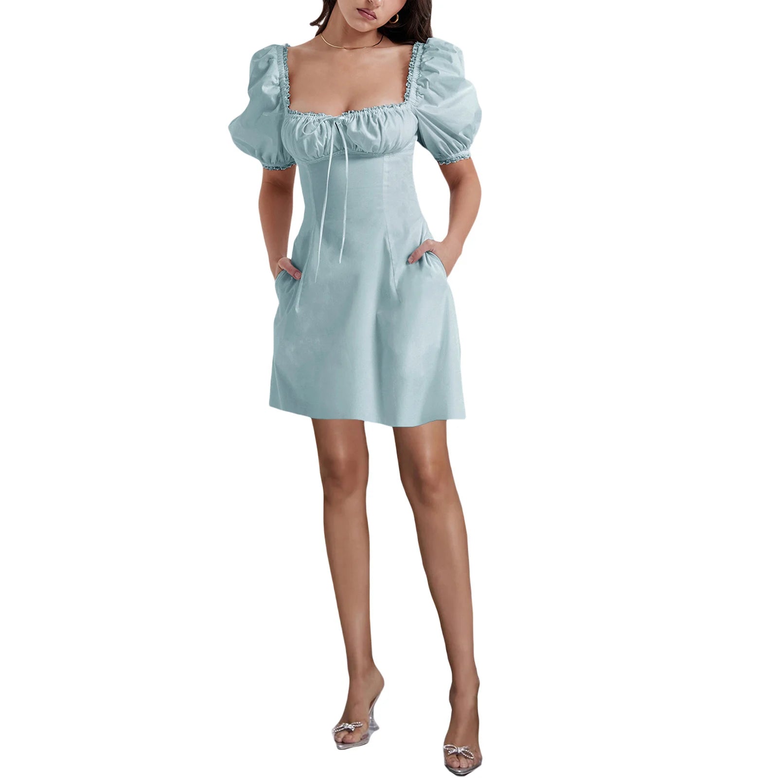 Solid Color A-line Dress with Square Neck and Pockets - Image 10