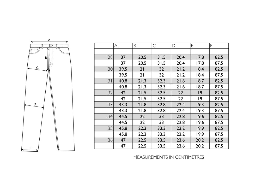Regular Tapered Size Chart - Hawksmill Denim Co
