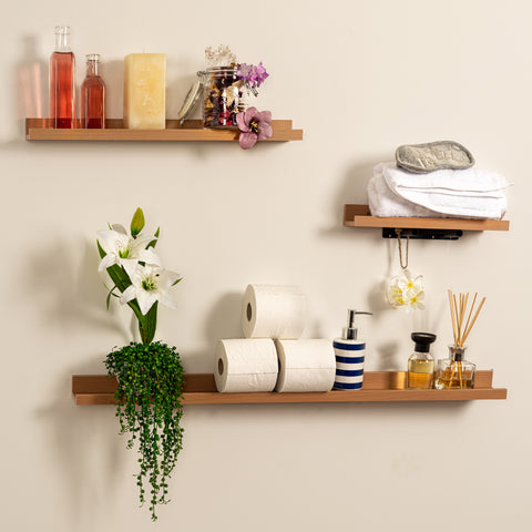 decorate floating wall shelves in the bathroom