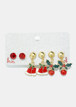 3 Pair Christmas Bells & Mistletoe Earring Red JEWELRY - Shop Miss A