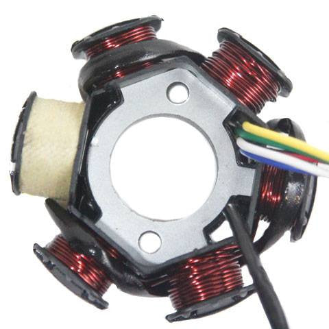 This Chinese stator magneto is the replacement part for many 4-stroke Chinese ATVs, Dirt Bikes, Go Karts and Scooters. This stator fits GY6 125cc models. Stator description: 6 coil 5 wires - 4 pin plug with 3 wires 2 bolt mounting Pick up trigger Center hole measurement: 29mm [1.14