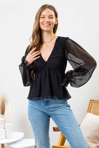 Sheer sleeve black blouse