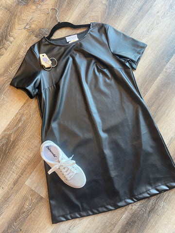 Faux leather short sleeve dress with sneakers