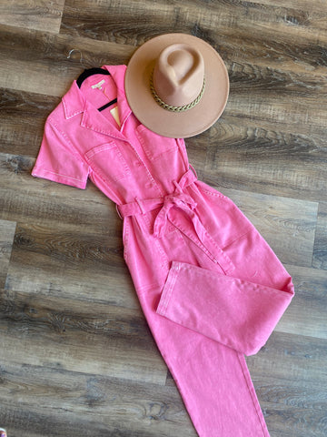 Hot Pink washed denim Jumpsuit