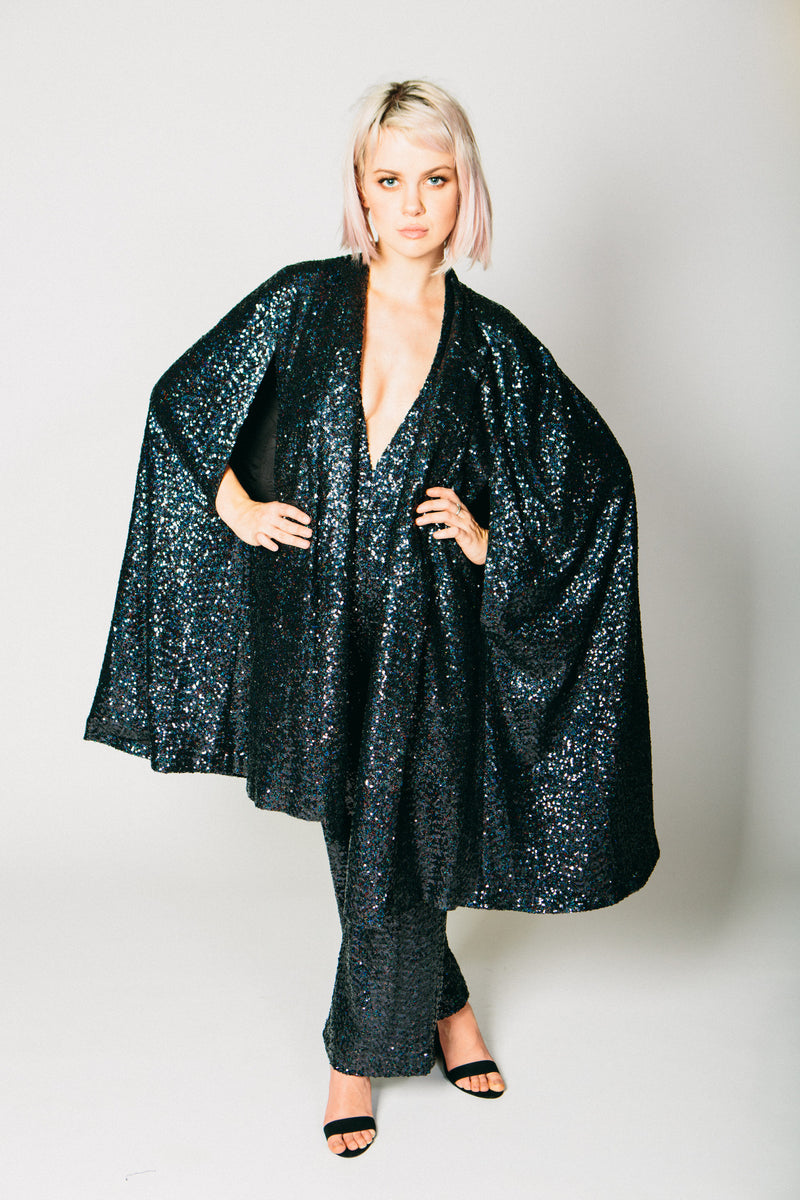 black sequin cape