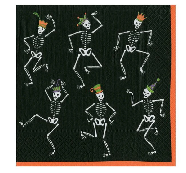 Caspari Dancing Skeletons Paper Cocktail Napkins Black