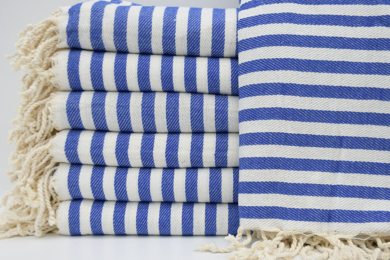 blue and white striped bath towels