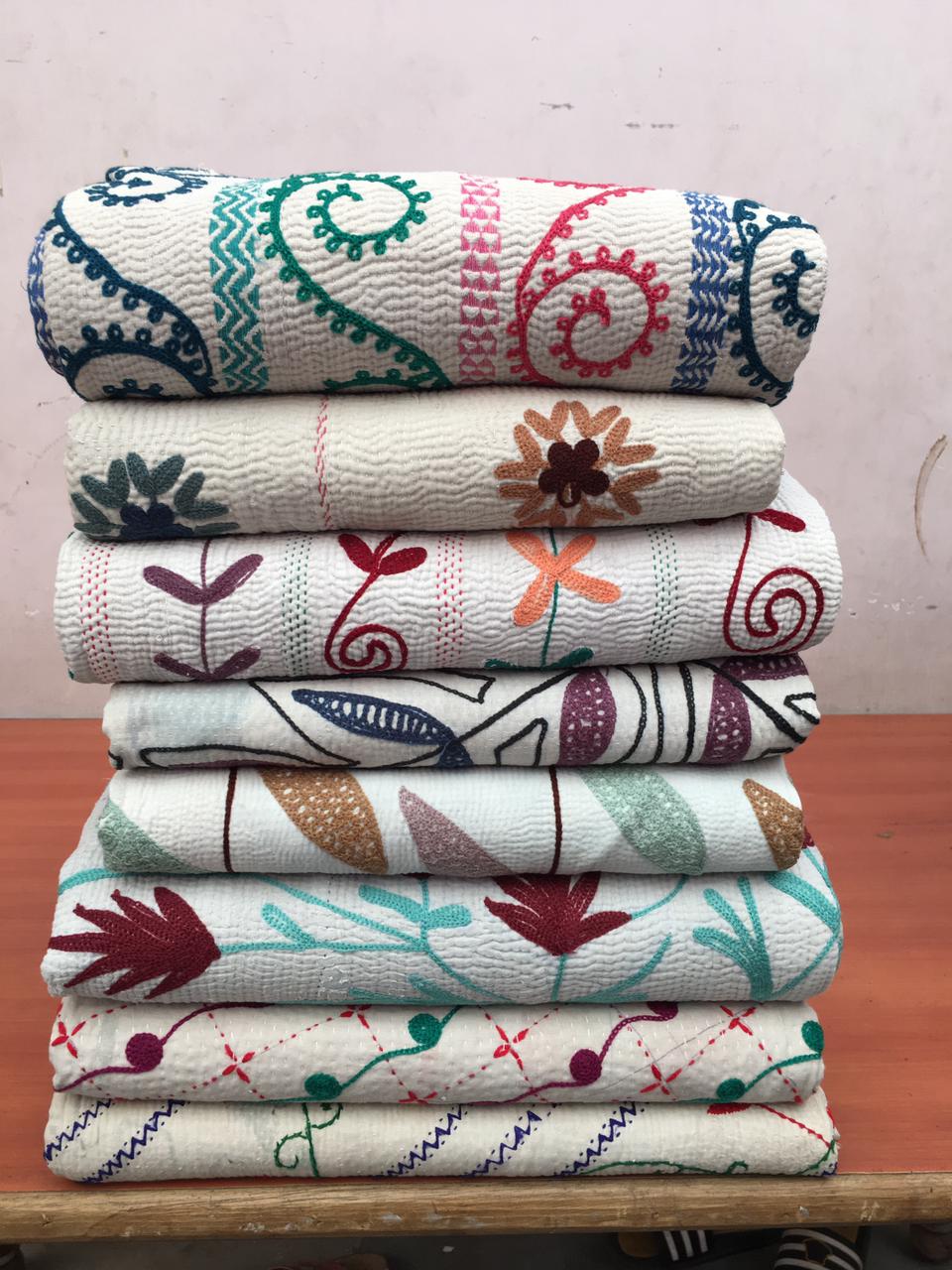 Embroidered Vintage Cotton Kantha Quilts