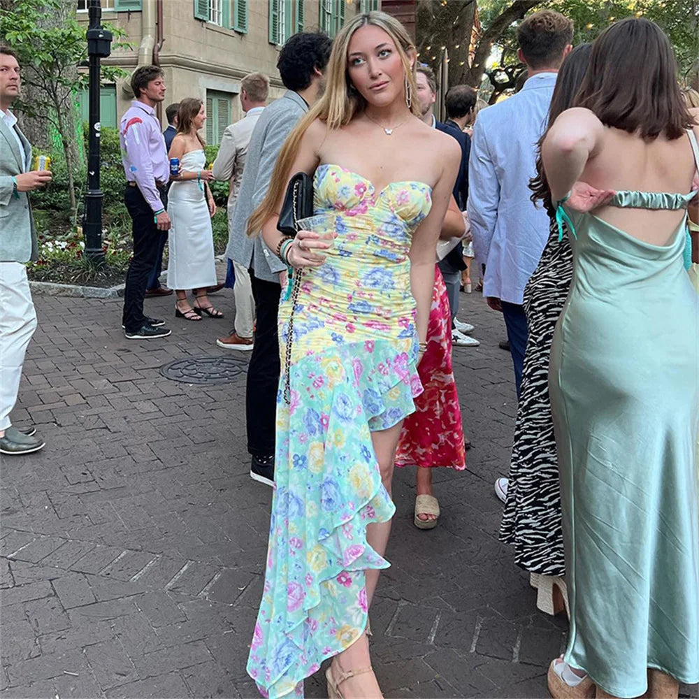 Floral Print Strapless Maxi Dresses Women Summer Ruffle Irregular Hem - Image 3