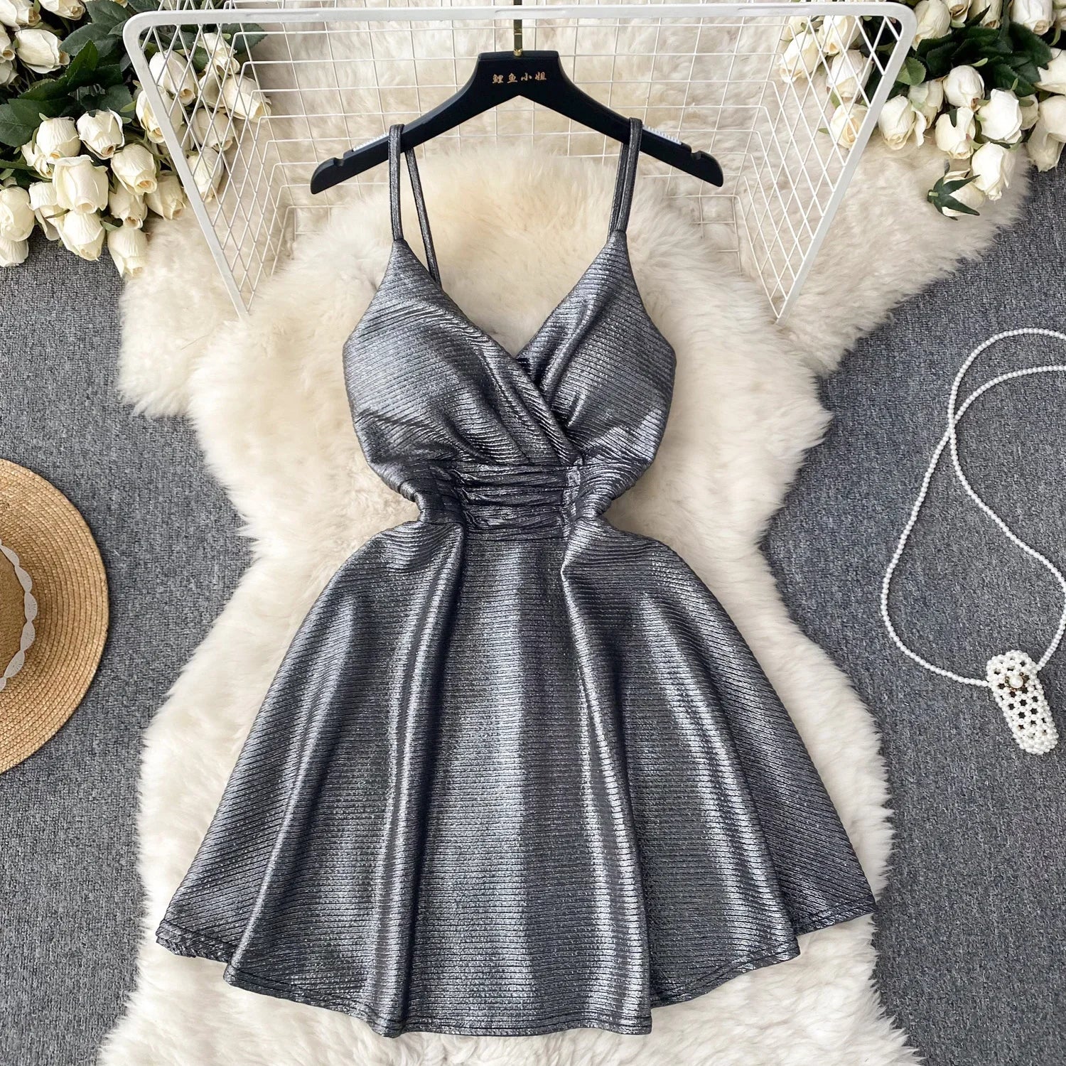 Women's Backless High Waist Mini Dress with Shoulder Straps
