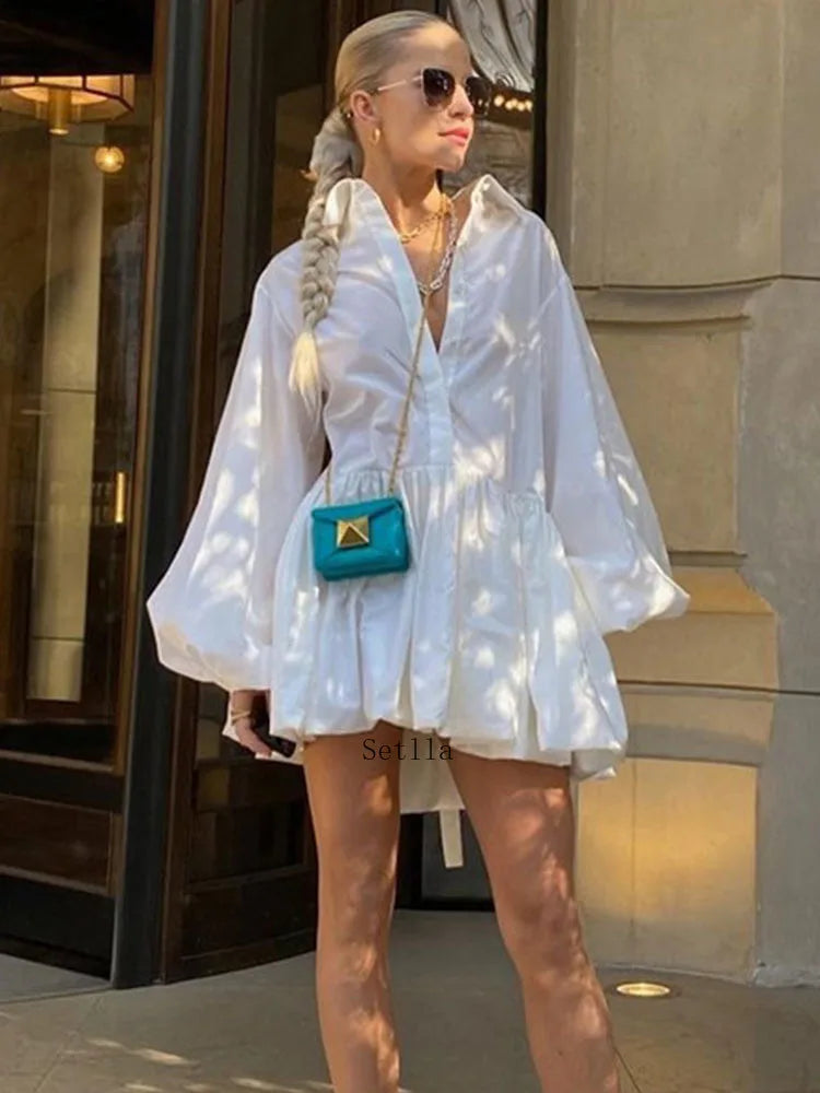Women's Casual Slim Fit Lapel Mini Dress, White Streetwear - Image 4