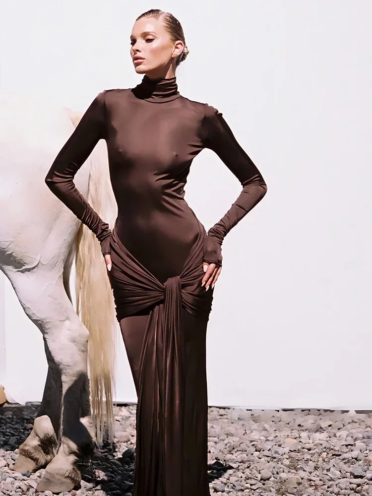 Form-fitting High Neck Long Sleeve Maxi Dress for Women - Image 6