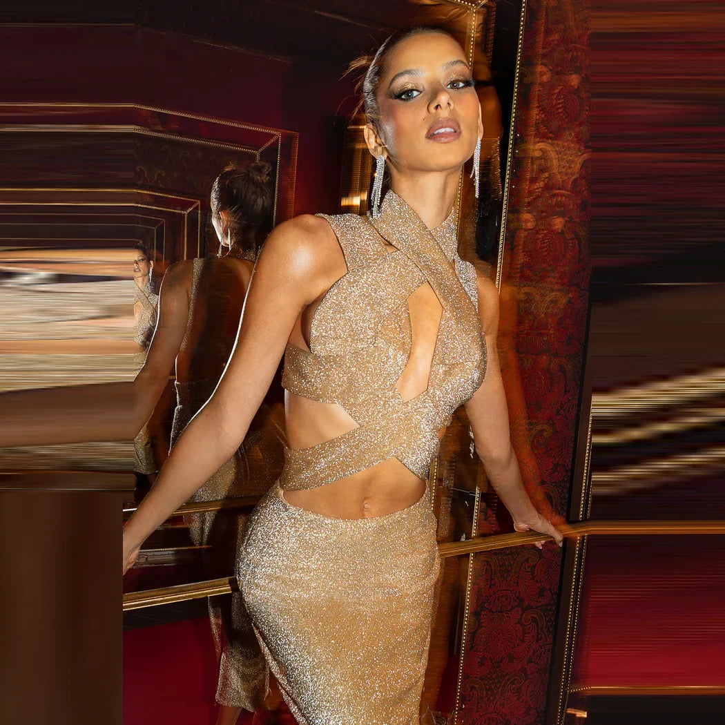 Golden Bandage Dress Sleeveless Hollow Out Bodycon Party Dress - Image 2