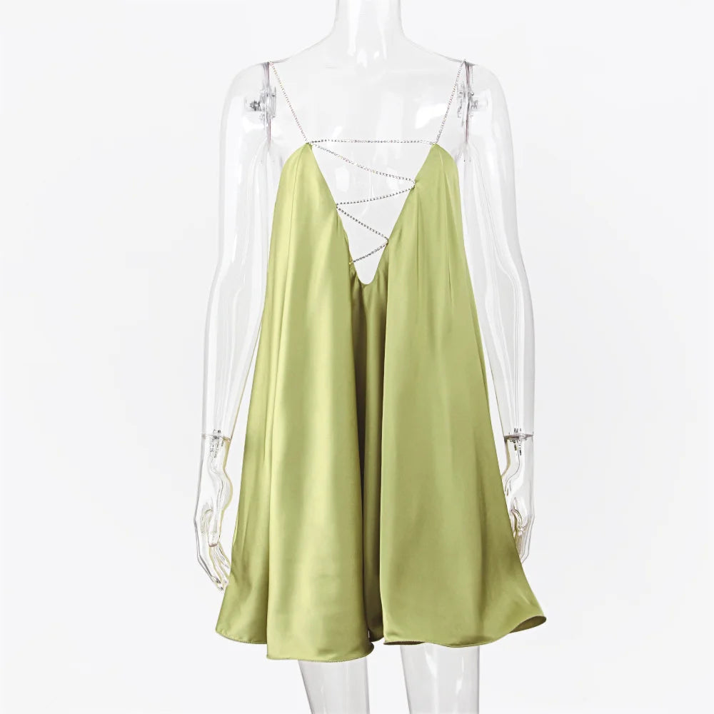 Double Layer Satin Mini Dress with Diamond Strap Chains - Image 8