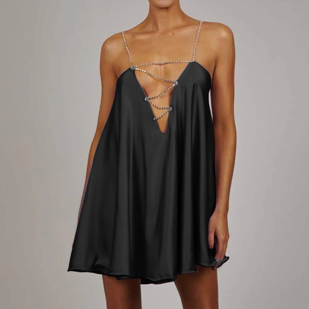 Double Layer Satin Mini Dress with Diamond Strap Chains - Image 3