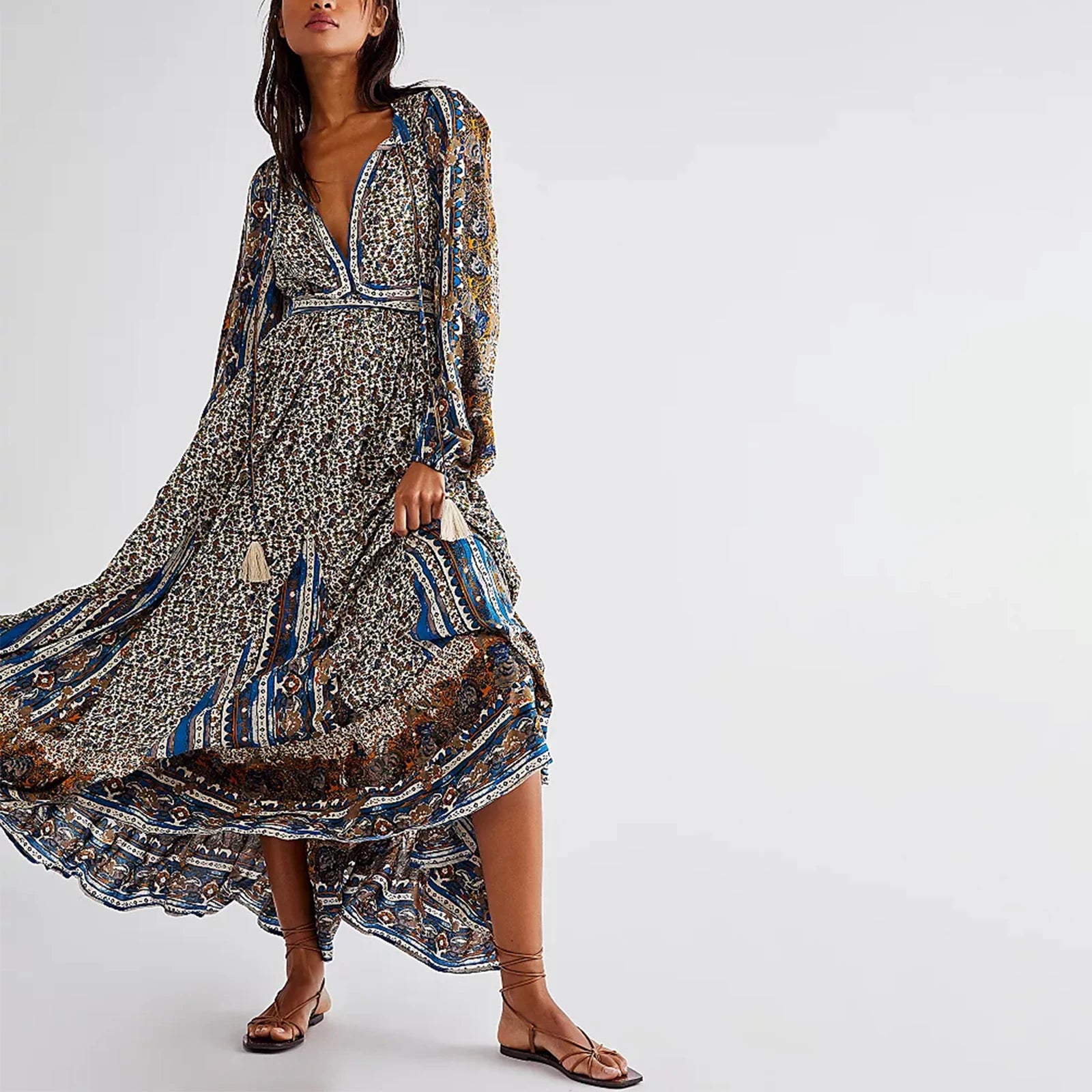 Boho Deep V Neck Floral Maxi Dress Long Sleeve - Image 6