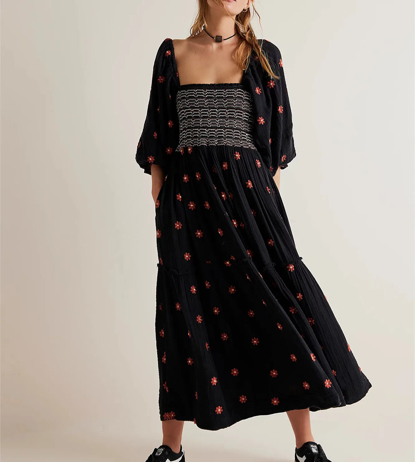 Tiered Boho Floral Maxi Dress for Women with Embroidery - Image 2