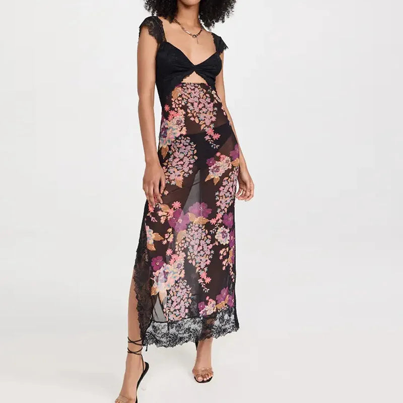 Patchwork Floral Maxi Dress Sleeveless V-Neck Bodycon Club Party - Image 3