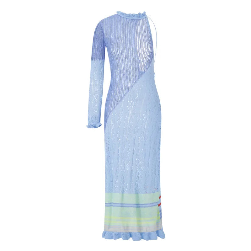 Women's Contrast Color One Shoulder Long Sleeve Beach Dress - Image 6