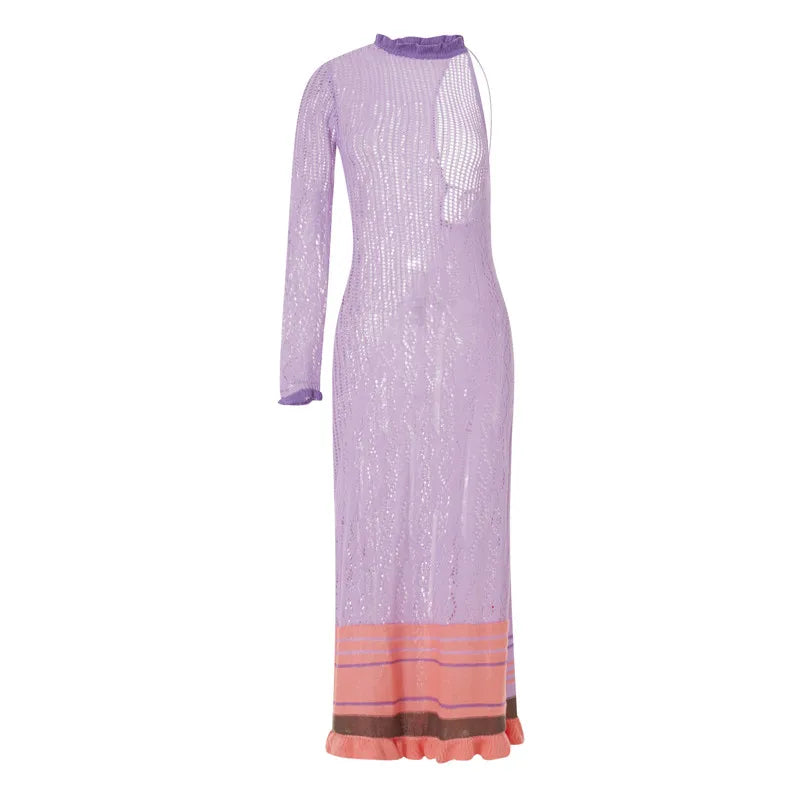 Women's Contrast Color One Shoulder Long Sleeve Beach Dress - Image 4