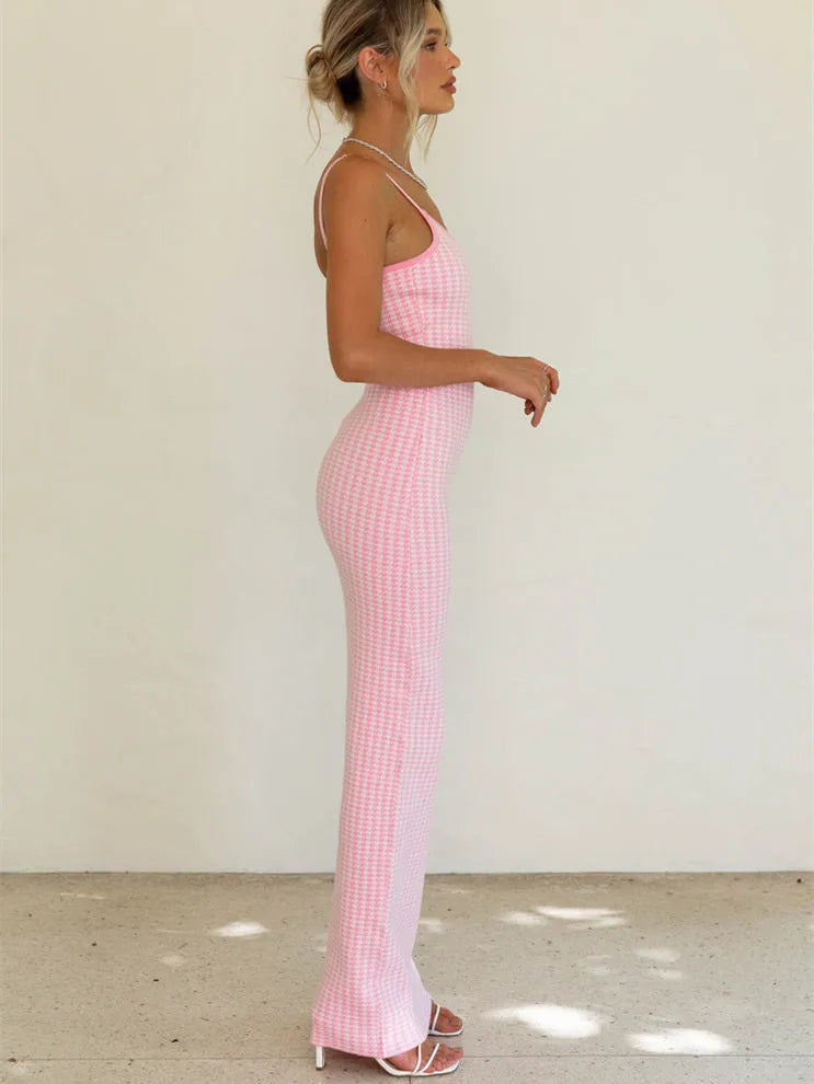 Spaghetti Straps Sleeveless Houndstooth Jacquard Party Dress for Women - Image 4