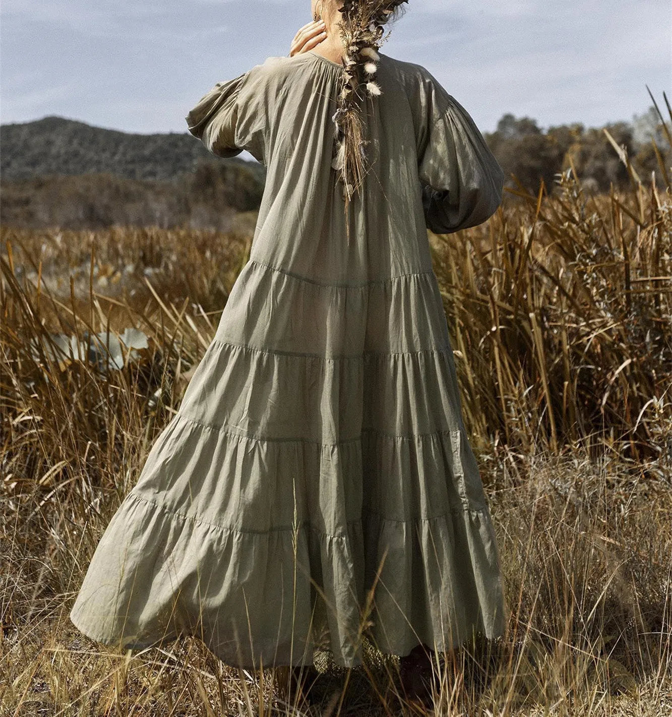 Bohemian Midi Dress Solid Color Long Sleeve Beach Dress - Image 9
