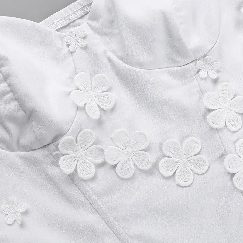 Flower-Applique Corset Top: White Blue Sexy Club Crop Tops