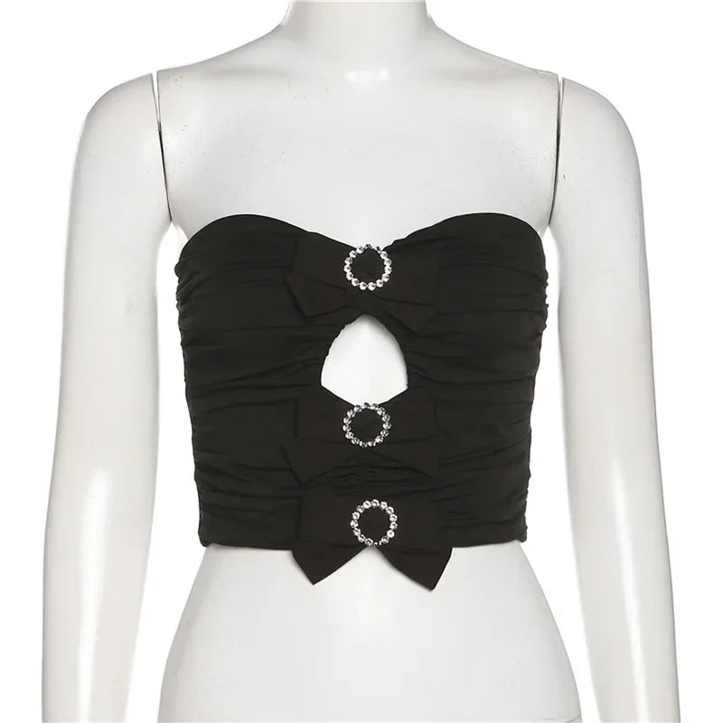 French Vintage Tube Top Black Women's Hollow Out Crop Top