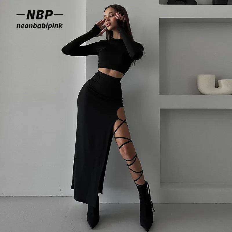 Sexy Two Piece Set with Long Sleeve Crop Top
