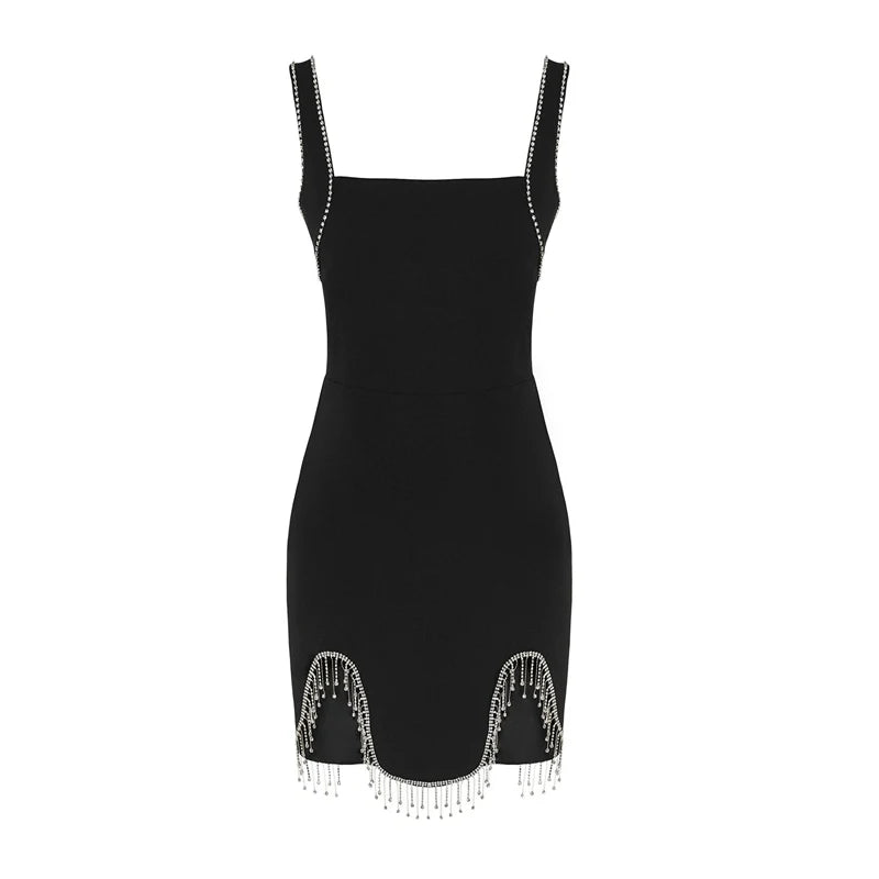 Sleek Black Diamond Tassel Bodycon Dress for Party Wear
