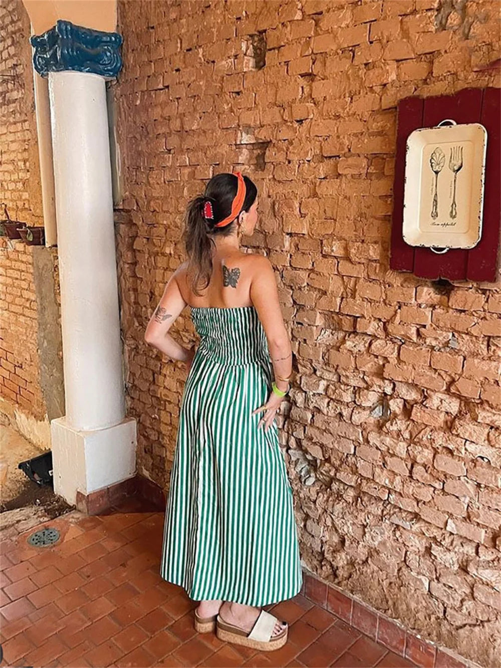 Striped Shoulder-Back Maxi Dress: Summer Long Beach Fashion for Women - Image 5