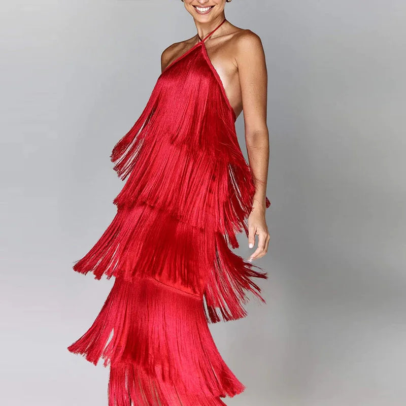 Sleeveless Lace Halter Dress: backless, tassels, party – Summer fashion